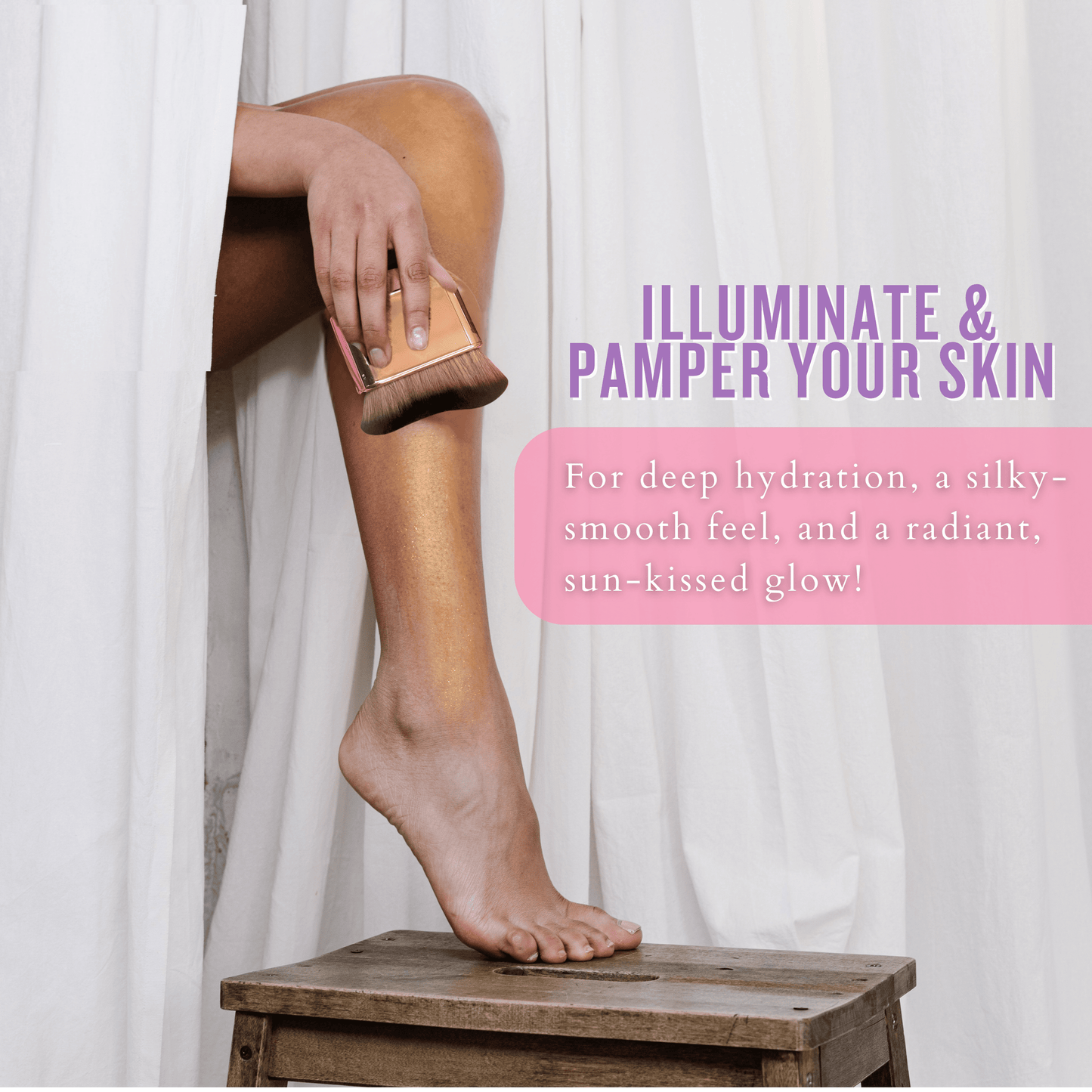 Shimmer glow oil applied to legs with kabuki brush for smooth hydrated and sun kissed glow