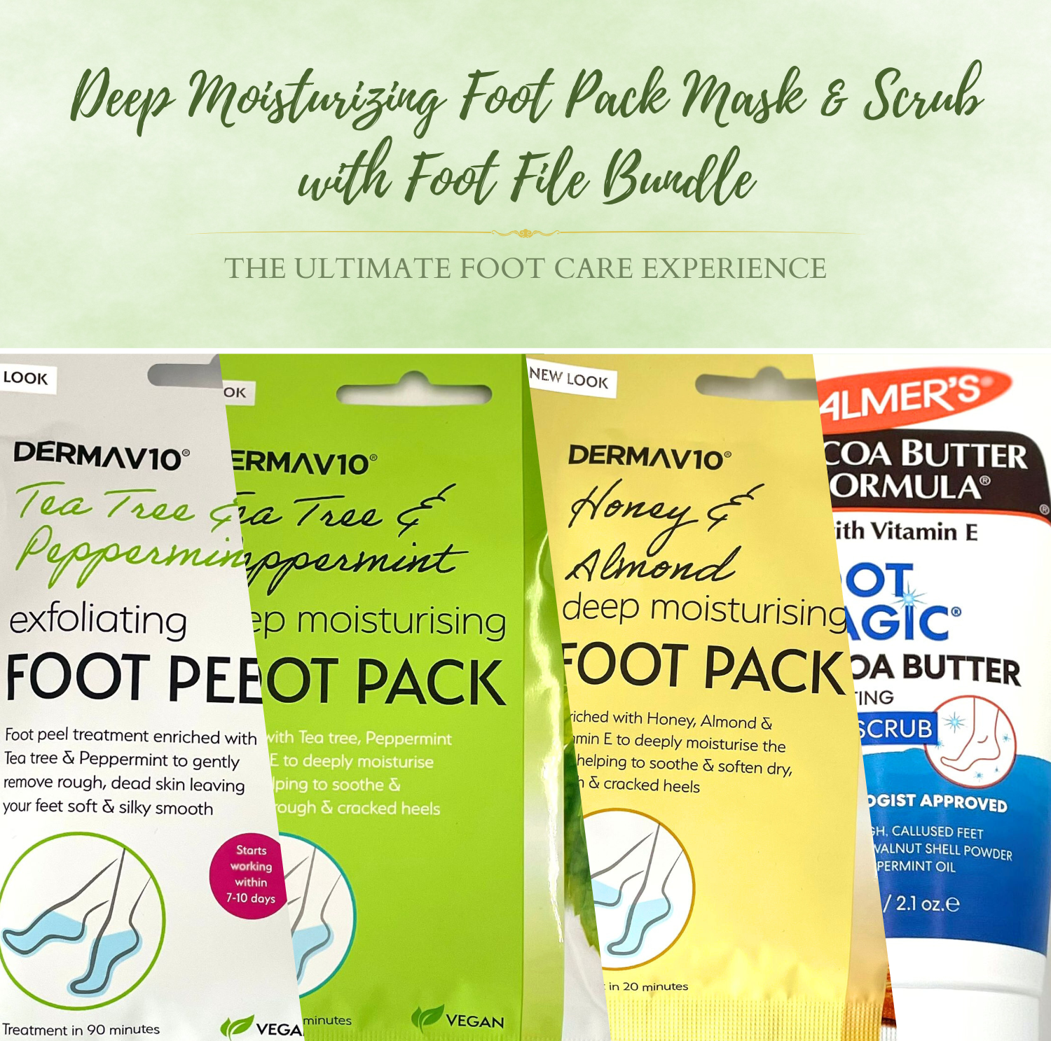 VikingTreat foot care bundle featuring exfoliating foot peel masks, deep moisturising foot packs, cocoa butter foot scrub and foot file for a complete at-home spa routine