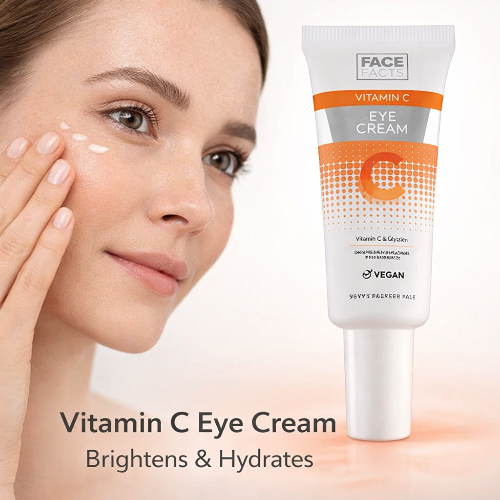 Face Facts Vitamin C eye cream applied under the eyes to brighten, hydrate and reduce dull looking skin