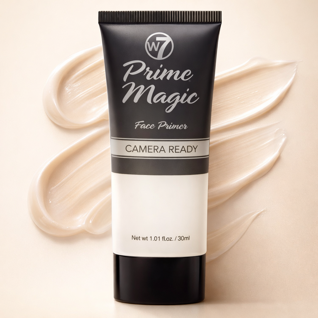 W7 Prime Magic face primer displayed with smooth cream texture to show pore-blurring and makeup-ready finish