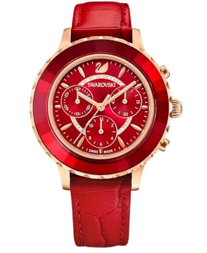 Swarovski Octea Lux Chrono Rose Gold Quartz Red Watch with Leather Strap, Crystals, Swiss Made Octea Lux Crystal Watch Collection, Red 5646975, Octea Lux Chrono - Green, Octea Lux Chrono, Red