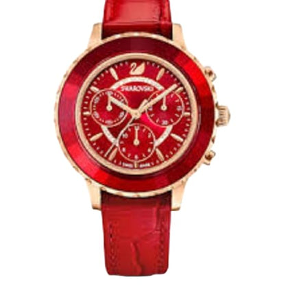 Swarovski Octea Lux Chrono Rose Gold Quartz Red Watch with Leather Strap, Crystals, Swiss Made Octea Lux Crystal Watch Collection, Red 5646975, Octea Lux Chrono - Green, Octea Lux Chrono, Red