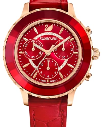 Swarovski Octea Lux Chrono Rose Gold Quartz Red Watch with Leather Strap, Crystals, Swiss Made Octea Lux Crystal Watch Collection, Red 5646975, Octea Lux Chrono - Green, Octea Lux Chrono, Red