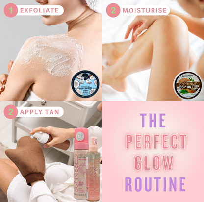 Self Tanning Kit, 6 Pieces – Facial Mist, Mousse, 3-in-1 Mitt, Scrub, Coconut Butter & Bronzing Pearls for Face & Body Glow (Medium)