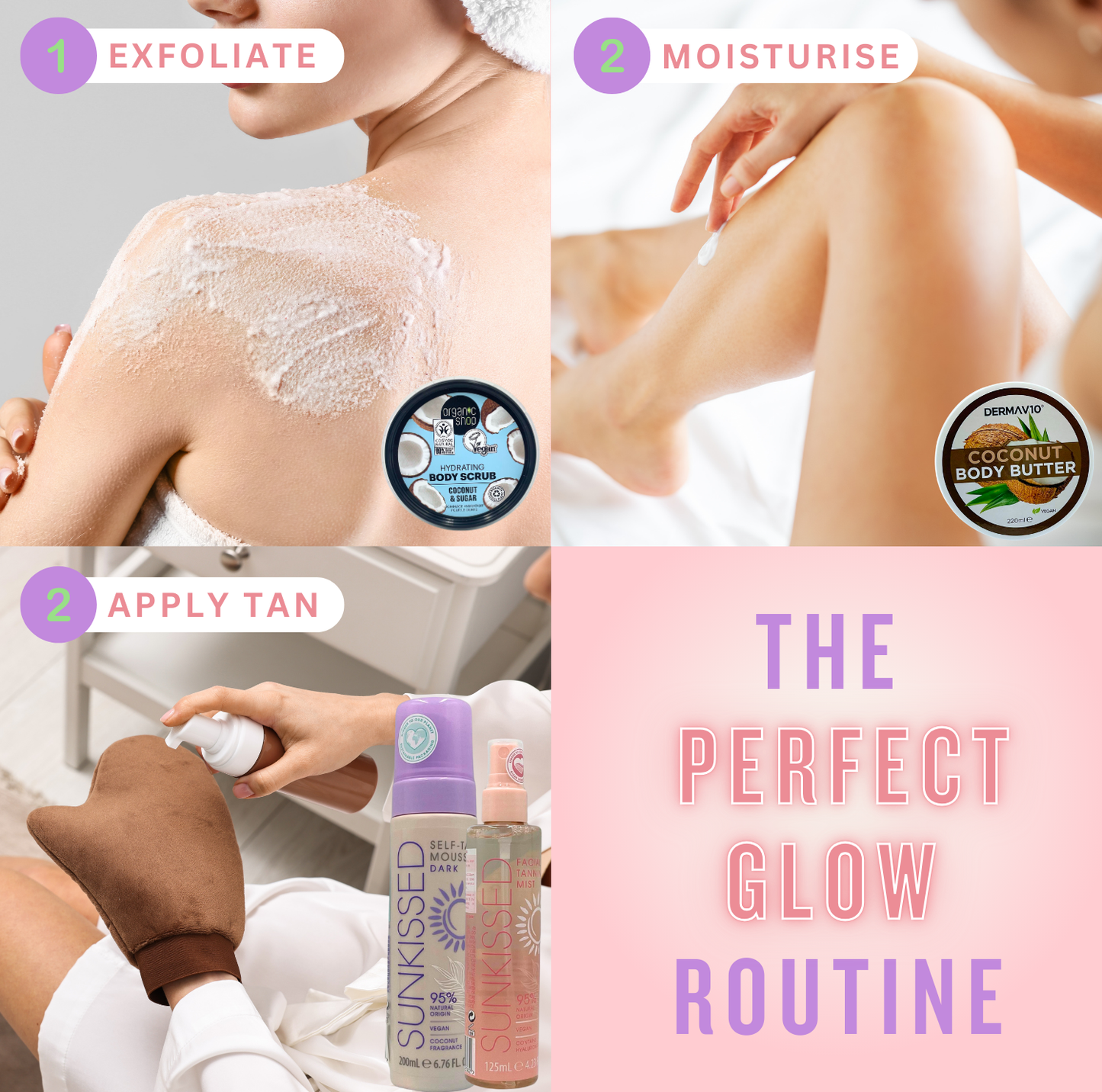 Self Tanning Kit, 6 Pieces – Facial Mist, Mousse, 3-in-1 Mitt, Scrub, Coconut Butter & Bronzing Pearls for Face & Body Glow (Dark Shade)