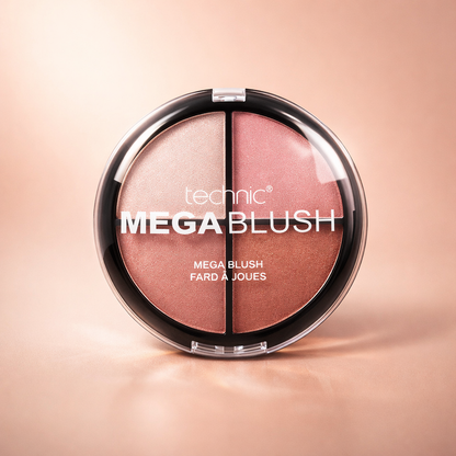 Round blush compact with dual shades photographed on a warm neutral background