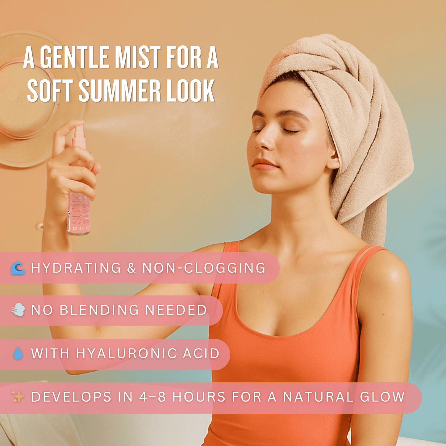 Facial tanning mist spray from Dermav10 SolKiss for a soft natural glow with hydrating formula