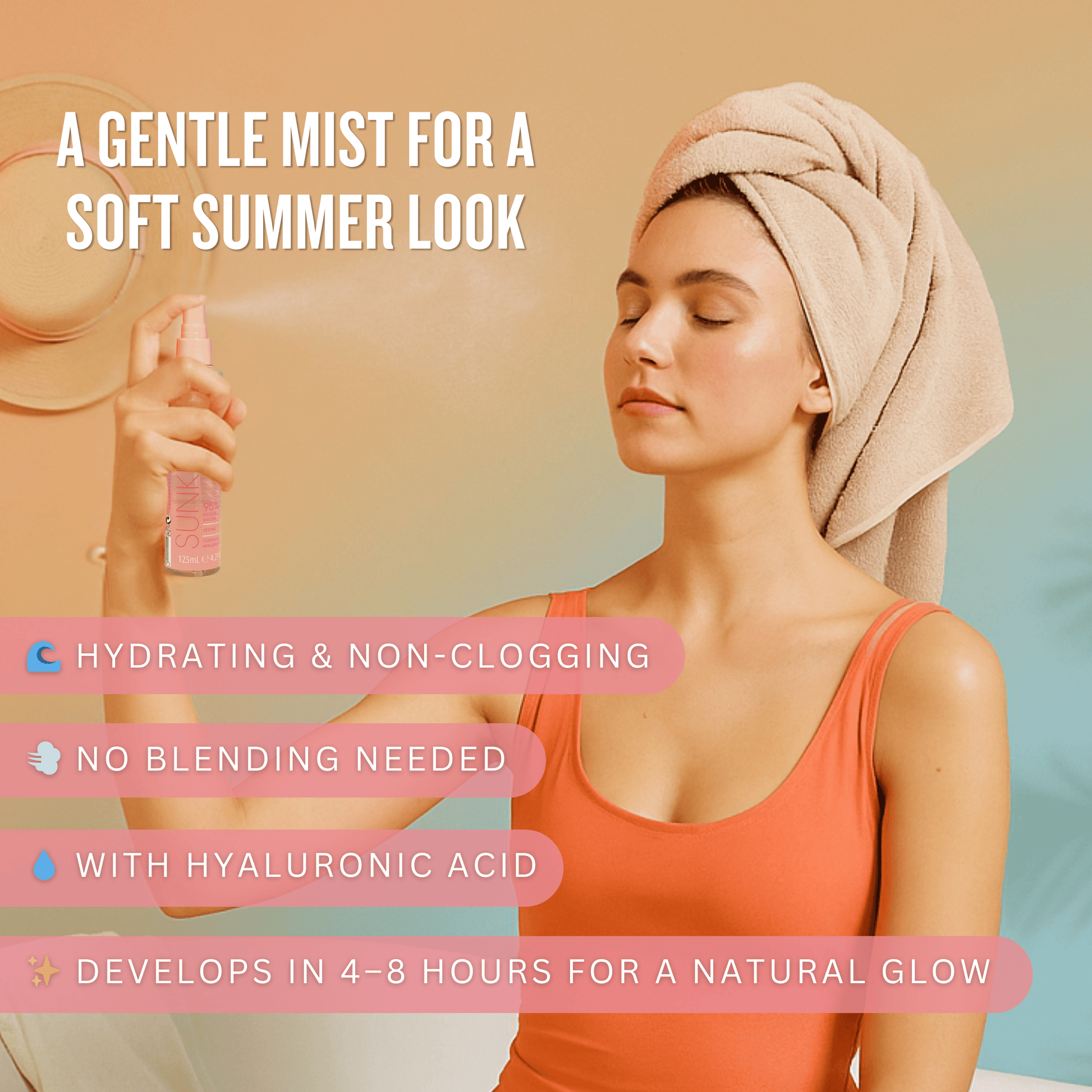 Facial tanning mist spray from Dermav10 SolKiss for a soft natural glow with hydrating formula