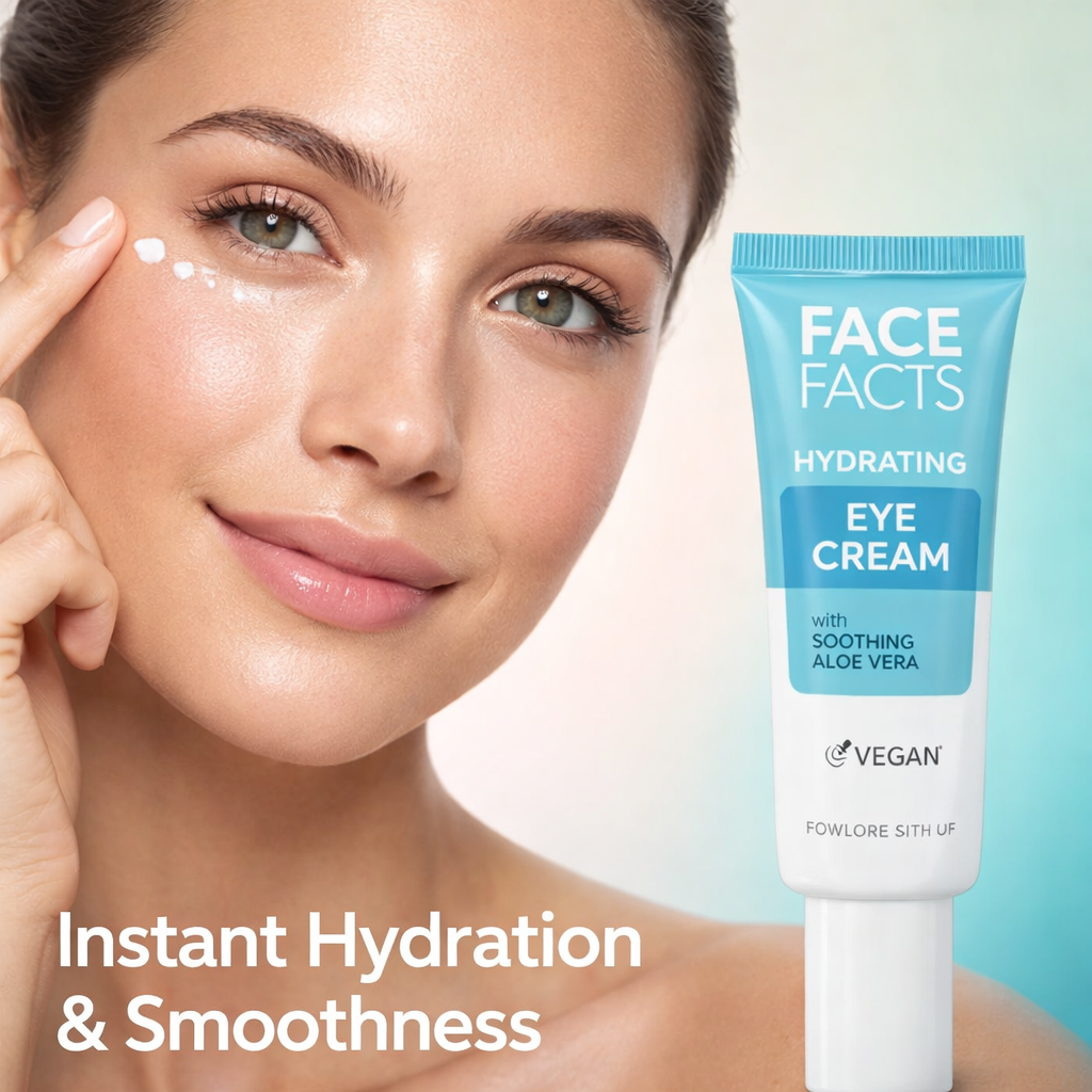 Model applying Face Facts Hydrating Eye Cream with aloe vera showing instant hydration and smoothing under eye area