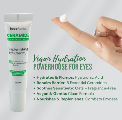 Face Facts ceramide replenishing eye cream highlighting hydration, barrier repair and fragrance-free care for sensitive under-eye skin.
