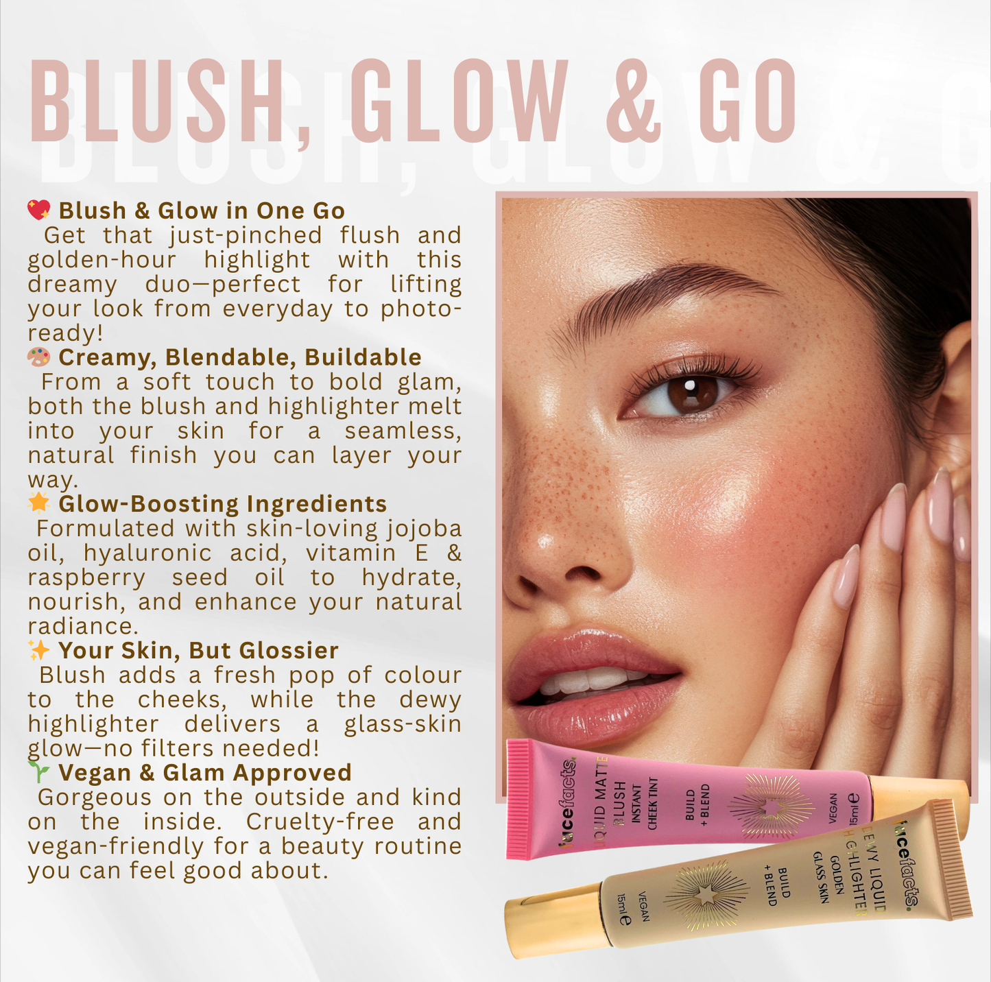 Face Facts liquid blush and liquid highlighter creating a dewy glow makeup look with buildable colour and glass-skin shine.