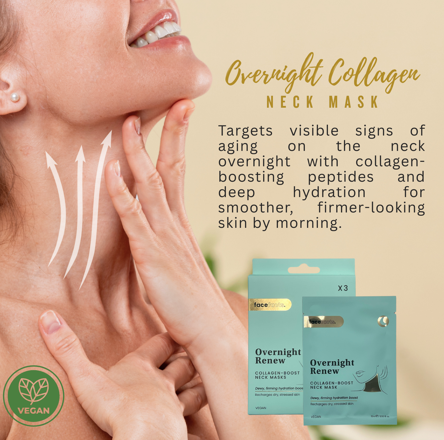 Face Facts Overnight Renew collagen neck mask designed for overnight hydration and smoother, firmer-looking neck skin by morning.