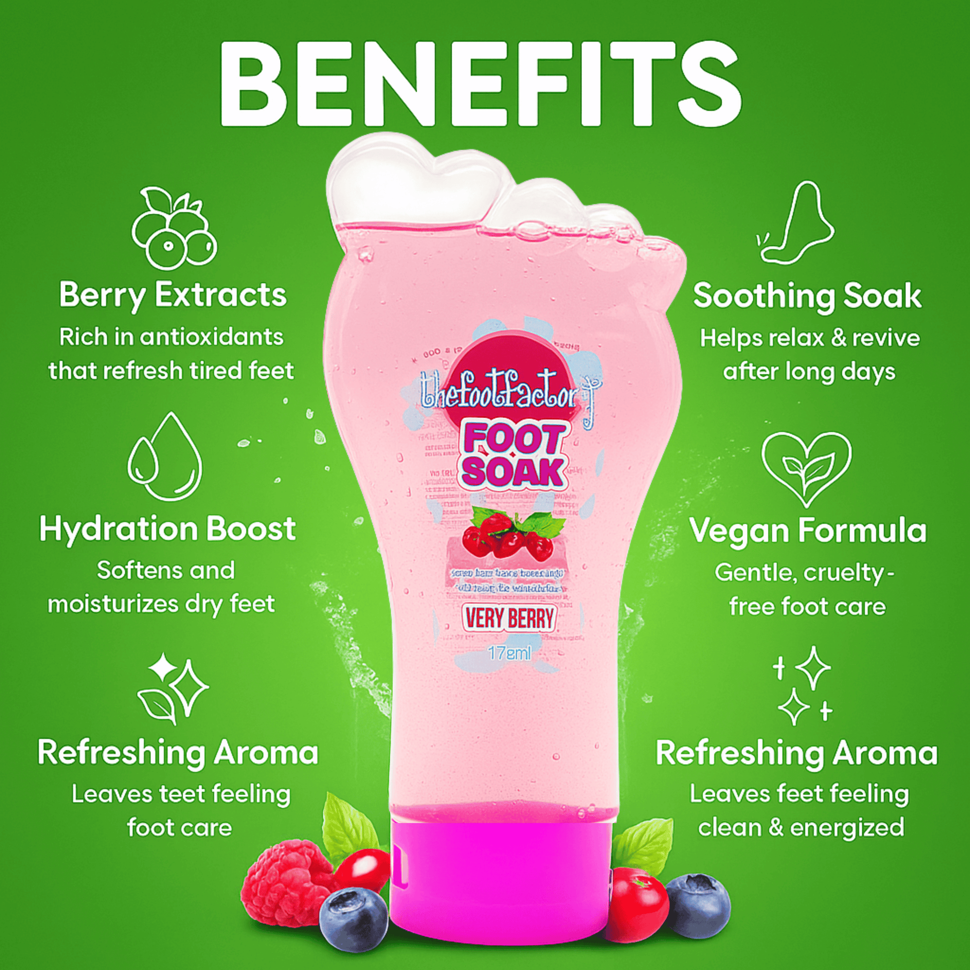 Very berry foot soak showing hydration boost, soothing soak benefits and refreshing berry aroma for dry and tired feet.