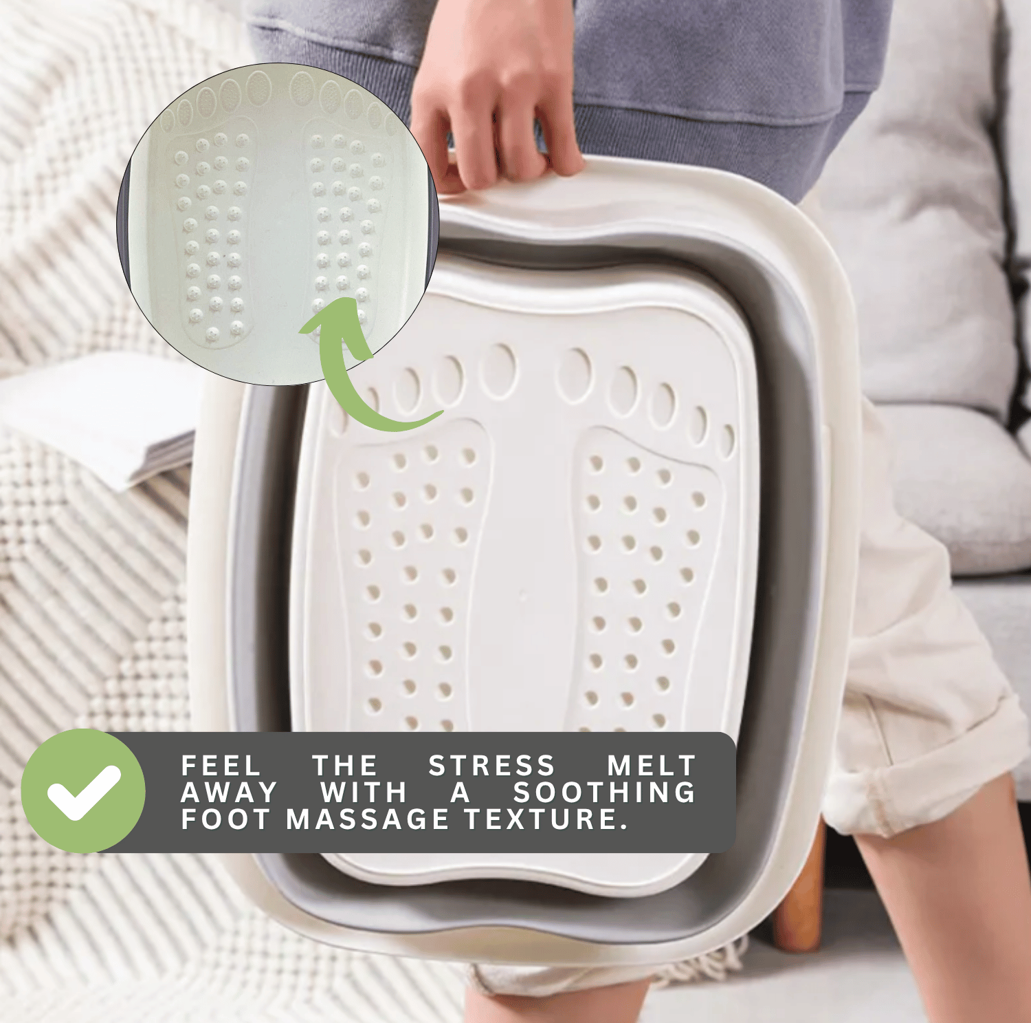 Foot spa bath interior with raised massage texture for soothing foot soak and stress relief