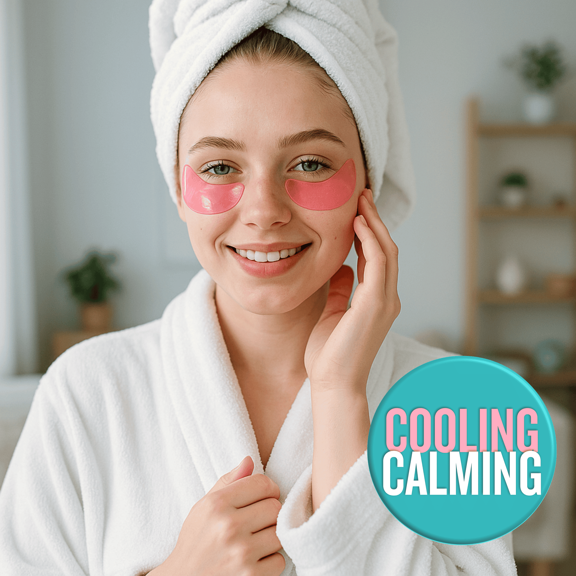 Cooling gel eye patches applied under eyes for calming, hydrating and reducing appearance of dark circles