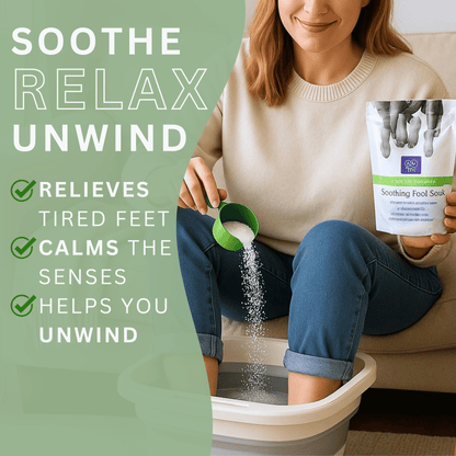 Green tea and chamomile foot soak displayed in calming spa setting with botanicals for relaxing foot care routine