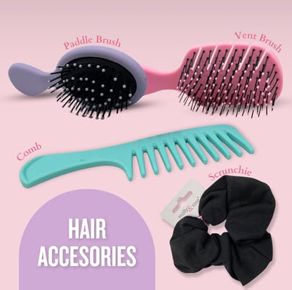 Hair accessories set including paddle brush, vent brush, wide tooth comb and black scrunchie for daily styling