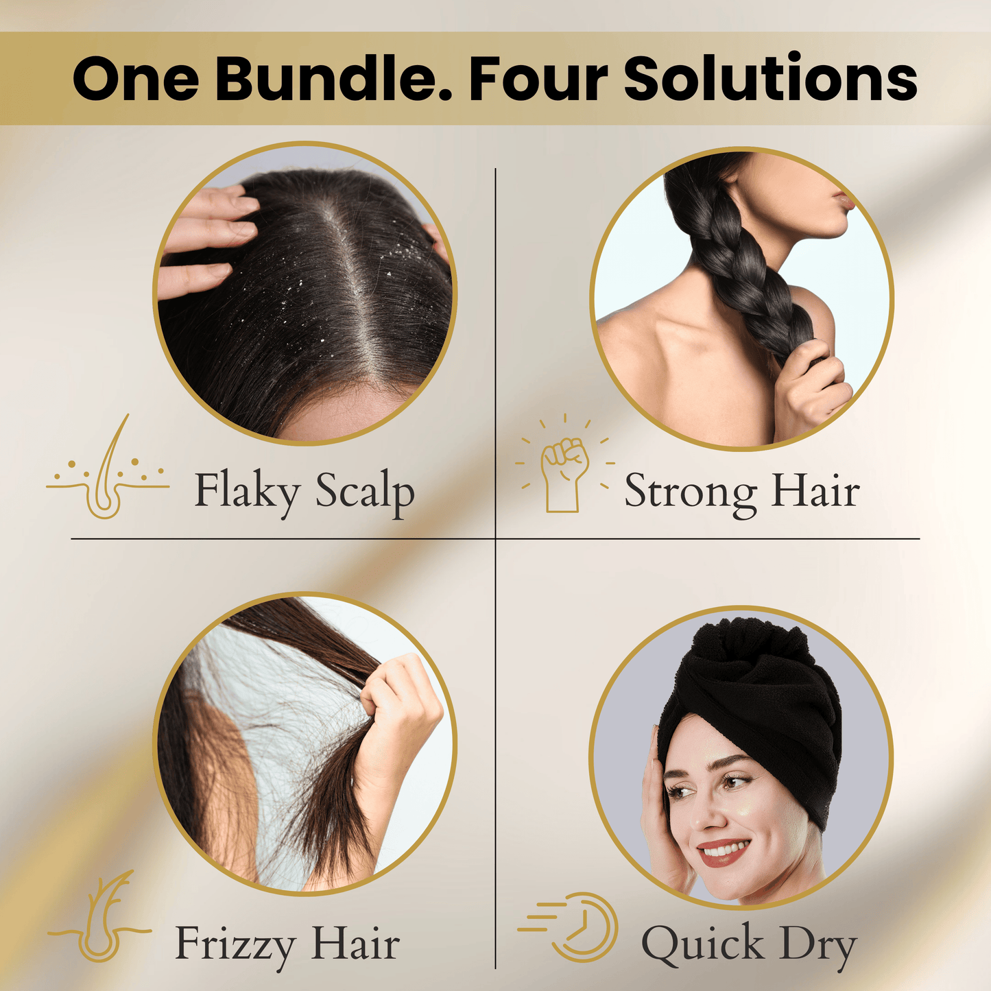 Hair care bundle infographic showing solutions for flaky scalp, frizzy hair, weak strands and quick drying with towel wrap.