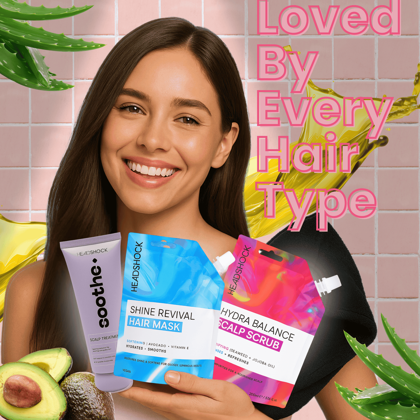 Model holding Headshock hair revival set featuring scalp scrub, hair mask and scalp treatment suitable for all hair types.