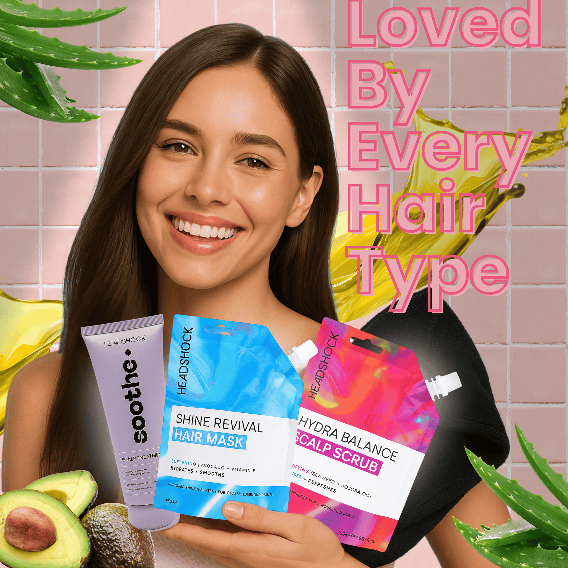 Model holding Headshock hair revival set featuring scalp scrub, hair mask and scalp treatment suitable for all hair types.