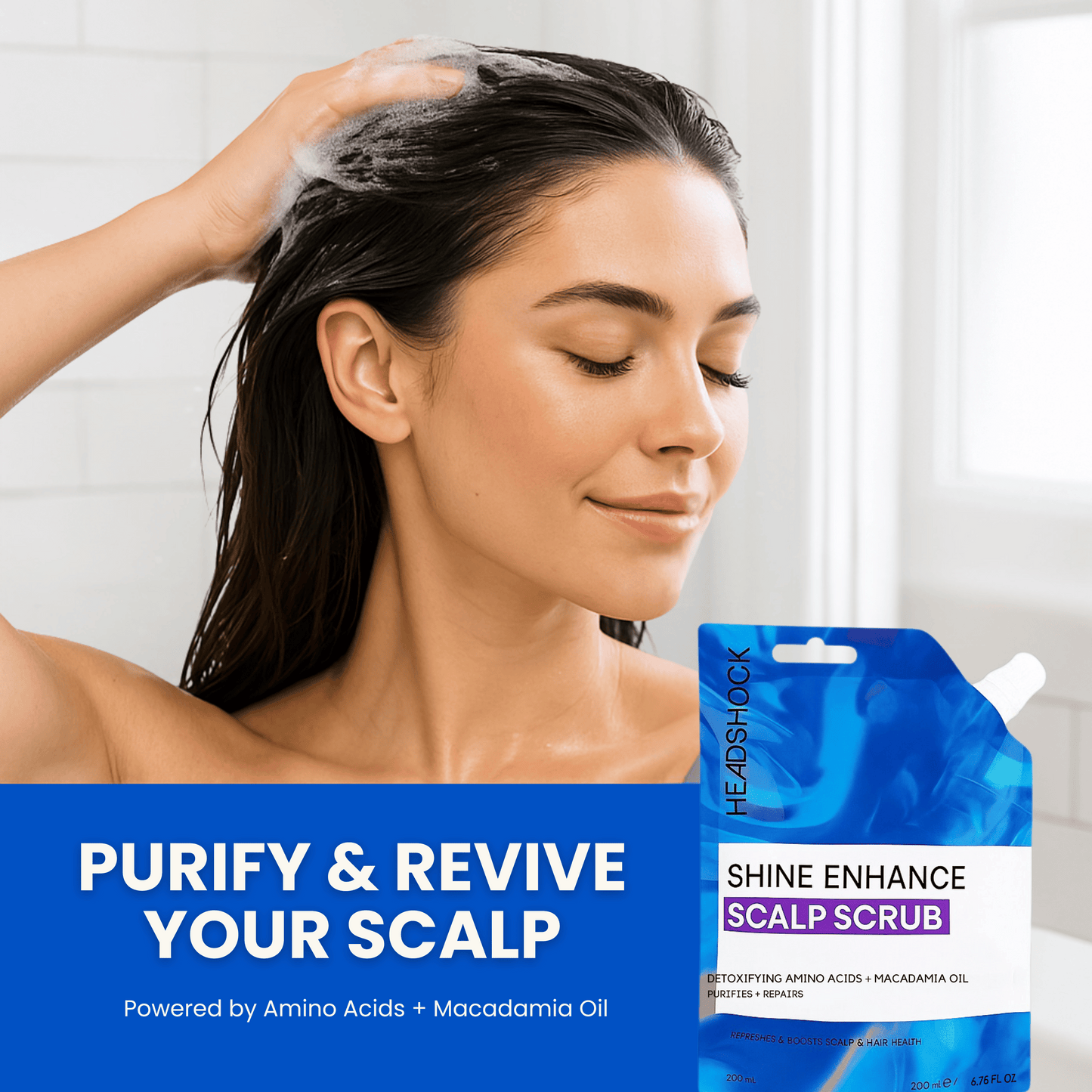 Woman applying Headshock shine enhance scalp scrub to wet hair during shower routine to exfoliate buildup and purify the scalp.