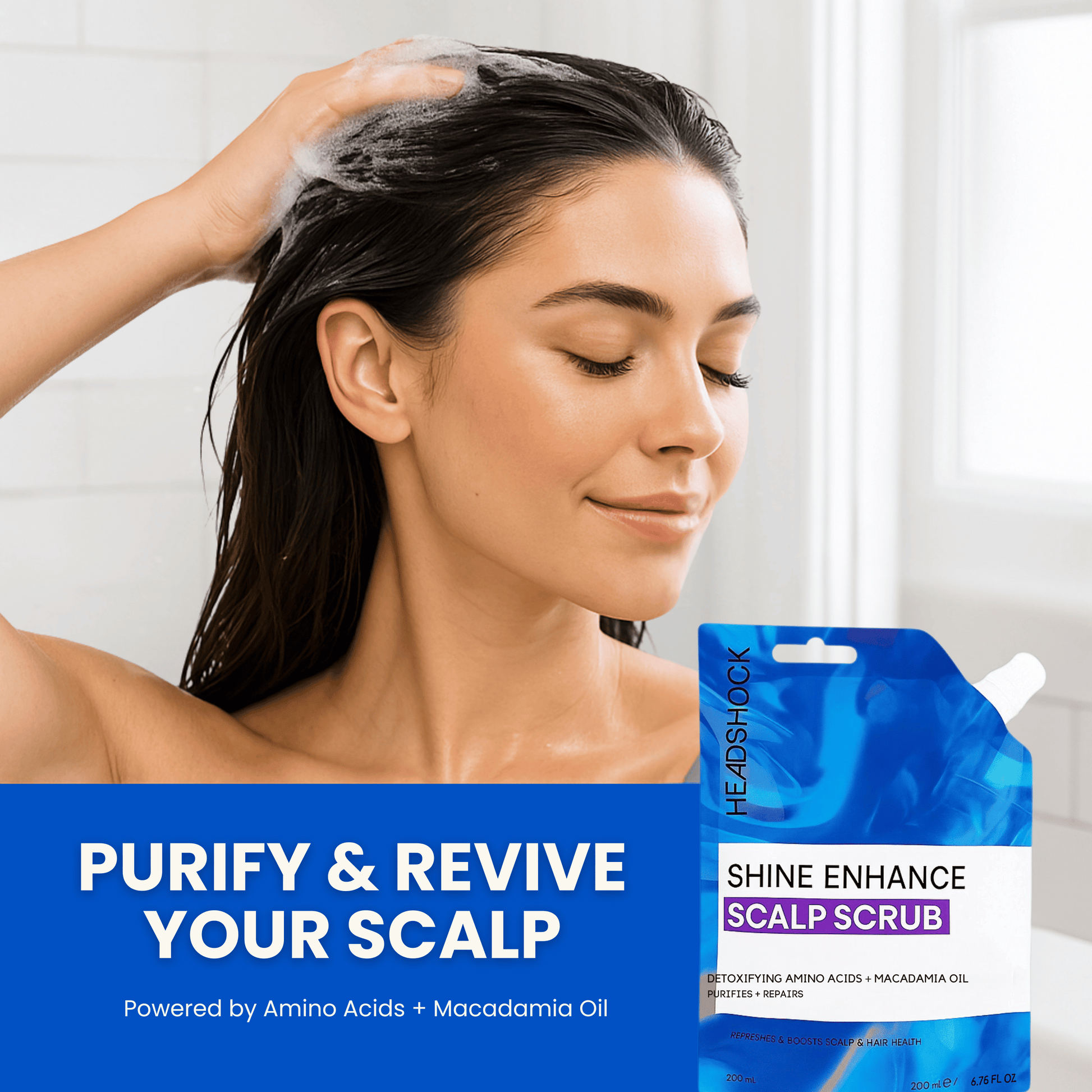 Woman applying Headshock shine enhance scalp scrub to wet hair during shower routine to exfoliate buildup and purify the scalp.