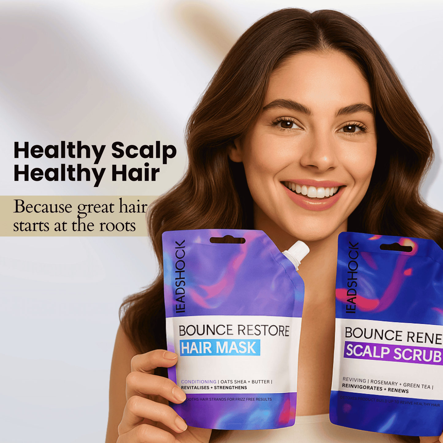 Woman holding Headshock scalp scrub and hair mask pouches, promoting healthy scalp and stronger hair from root to tip.