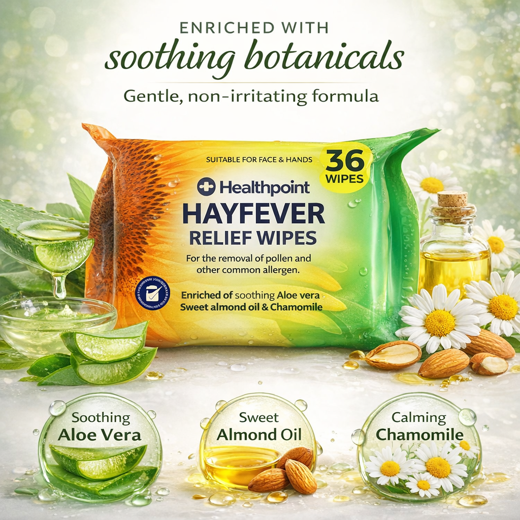 Hayfever relief wipes enriched with soothing aloe vera, sweet almond oil and calming chamomile