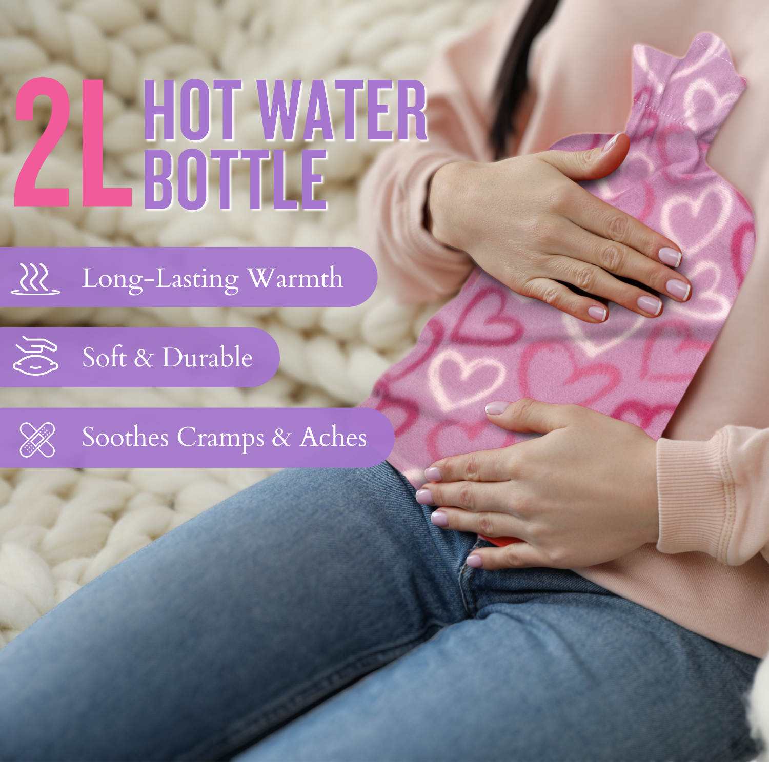 Two litre hot water bottle providing warmth and comfort for period cramps