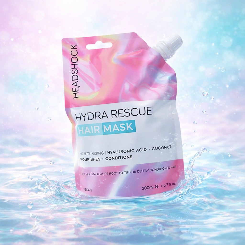 Hydrating hair mask with coconut and hyaluronic acid shown with water splash for moisture repair