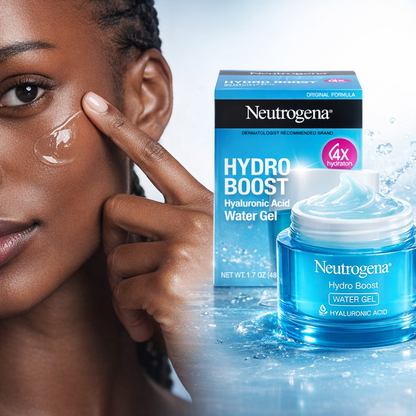 Model applying Neutrogena Hydro Boost water gel moisturiser to hydrated skin with visible gel texture