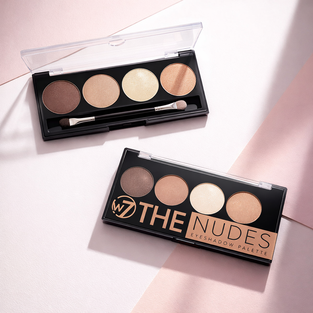 Nude eyeshadow palette with neutral shades arranged in a clean flat lay
