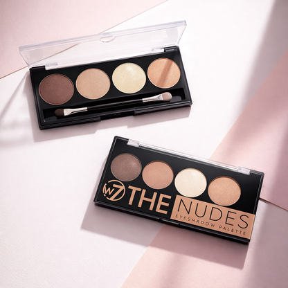 Nude eyeshadow palette with neutral shades arranged in a clean flat lay