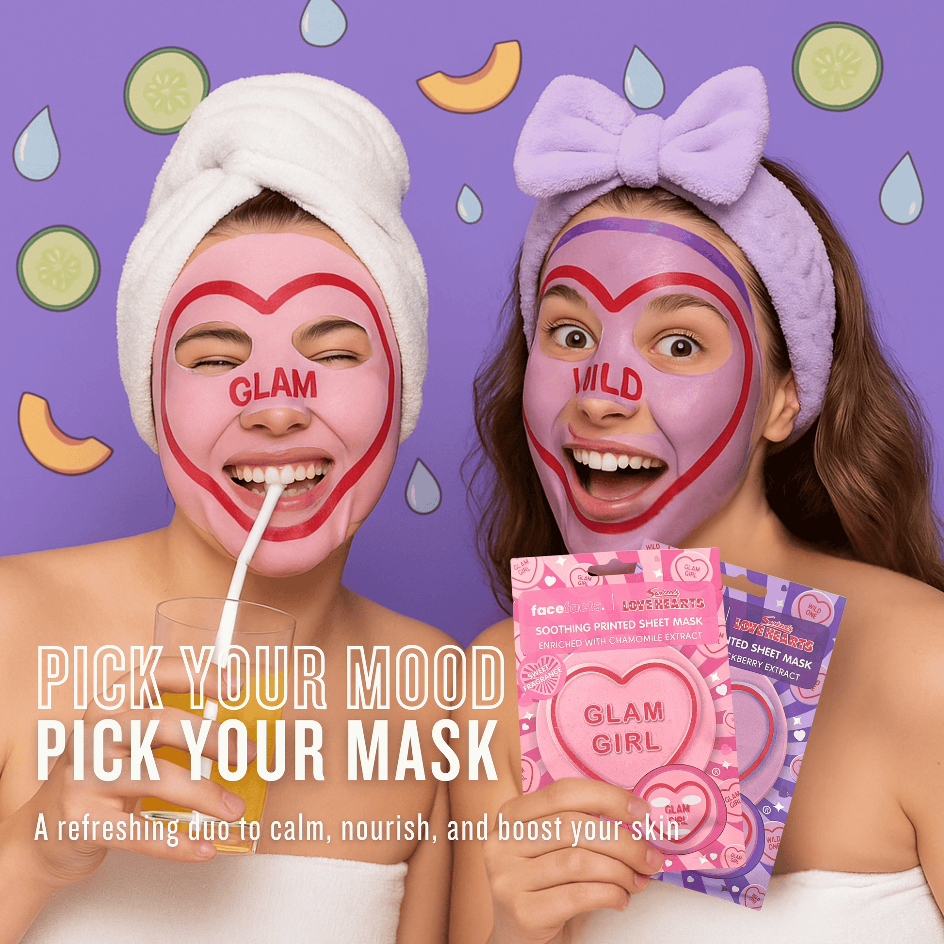 Two women wearing printed sheet masks labelled Glam Girl and Wild One as part of skincare pamper routine