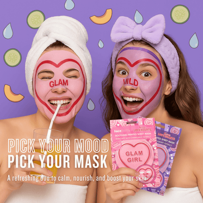 Two women wearing printed sheet masks labelled Glam Girl and Wild One as part of skincare pamper routine