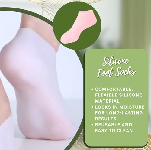 Reusable silicone foot socks worn on feet to lock in moisture, enhance foot treatments and keep heels soft and smooth