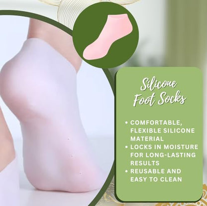 Reusable silicone foot socks worn on feet to lock in moisture, enhance foot treatments and keep heels soft and smooth