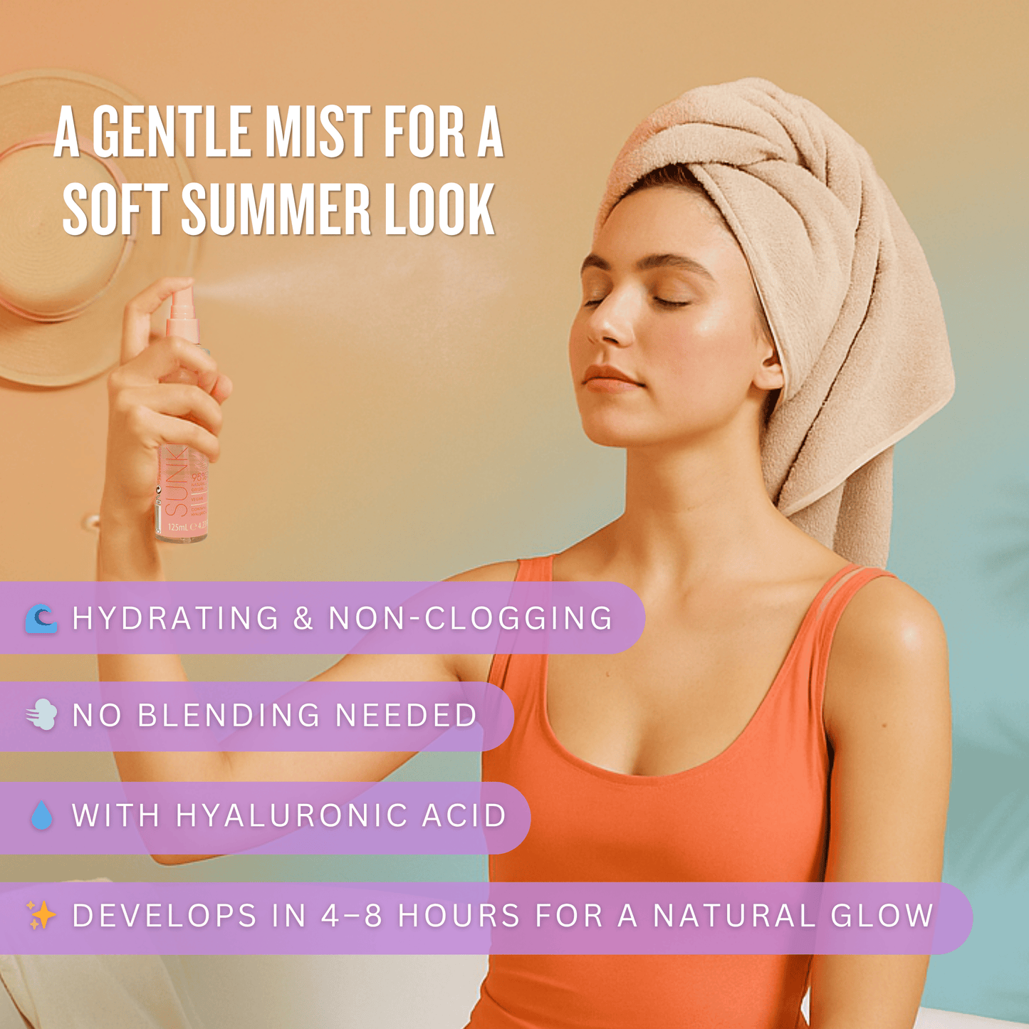 Model applying SolKiss facial tanning mist for a soft natural glow with hydrating non clogging formula