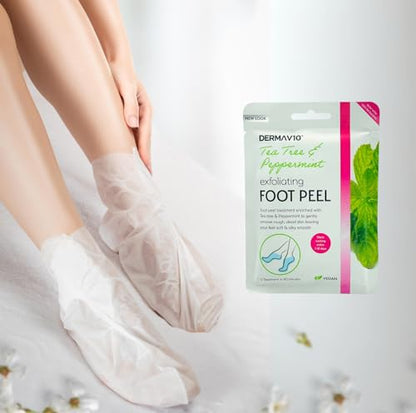 Tea tree and peppermint foot peel mask worn on feet for exfoliating rough skin and smoothing soles