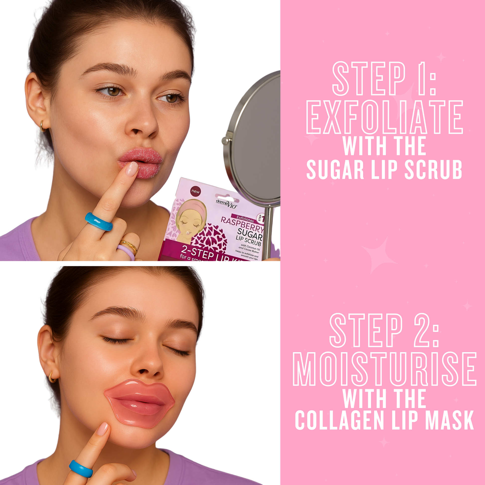 Two step lip care routine showing sugar lip scrub exfoliation followed by collagen lip mask treatment