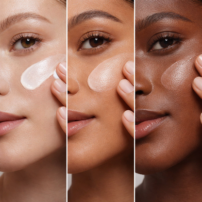 Face primer applied to three different skin tones demonstrating smooth, even finish suitable for all complexions