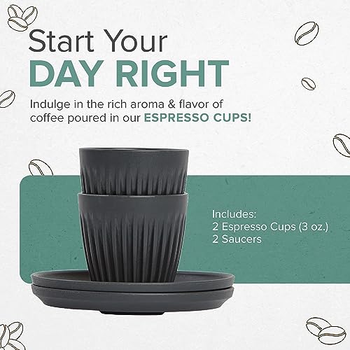 HUSKEE Espresso Cups Set of 2 - Reusable Small Coffee Cups with Unique Fins for Espresso & Macchiato - Insulated Espresso Cups with Saucers Made with Repurposed Coffee Husks