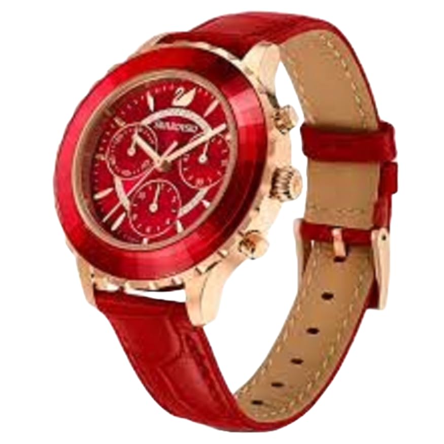 Swarovski Octea Lux Chrono Rose Gold Quartz Red Watch with Leather Strap, Crystals, Swiss Made Octea Lux Crystal Watch Collection, Red 5646975, Octea Lux Chrono - Green, Octea Lux Chrono, Red