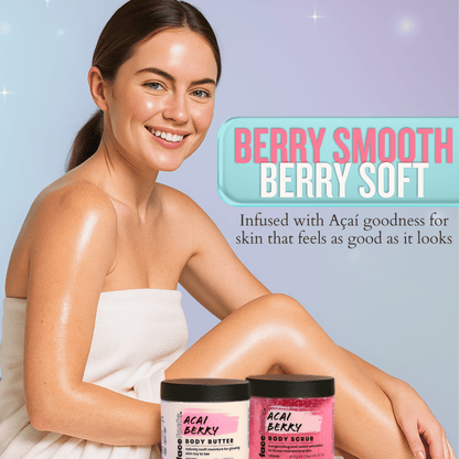 Woman using acai berry body scrub and body butter for smooth, soft and glowing skin as part of spa self care routine