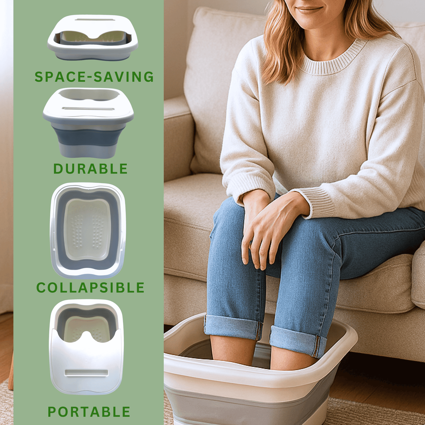 Woman using collapsible foot spa bath with green tea and chamomile foot soak for relaxing at home foot spa treatment