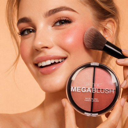 Close-up of blush applied to cheeks showing natural glow makeup finish on model skin