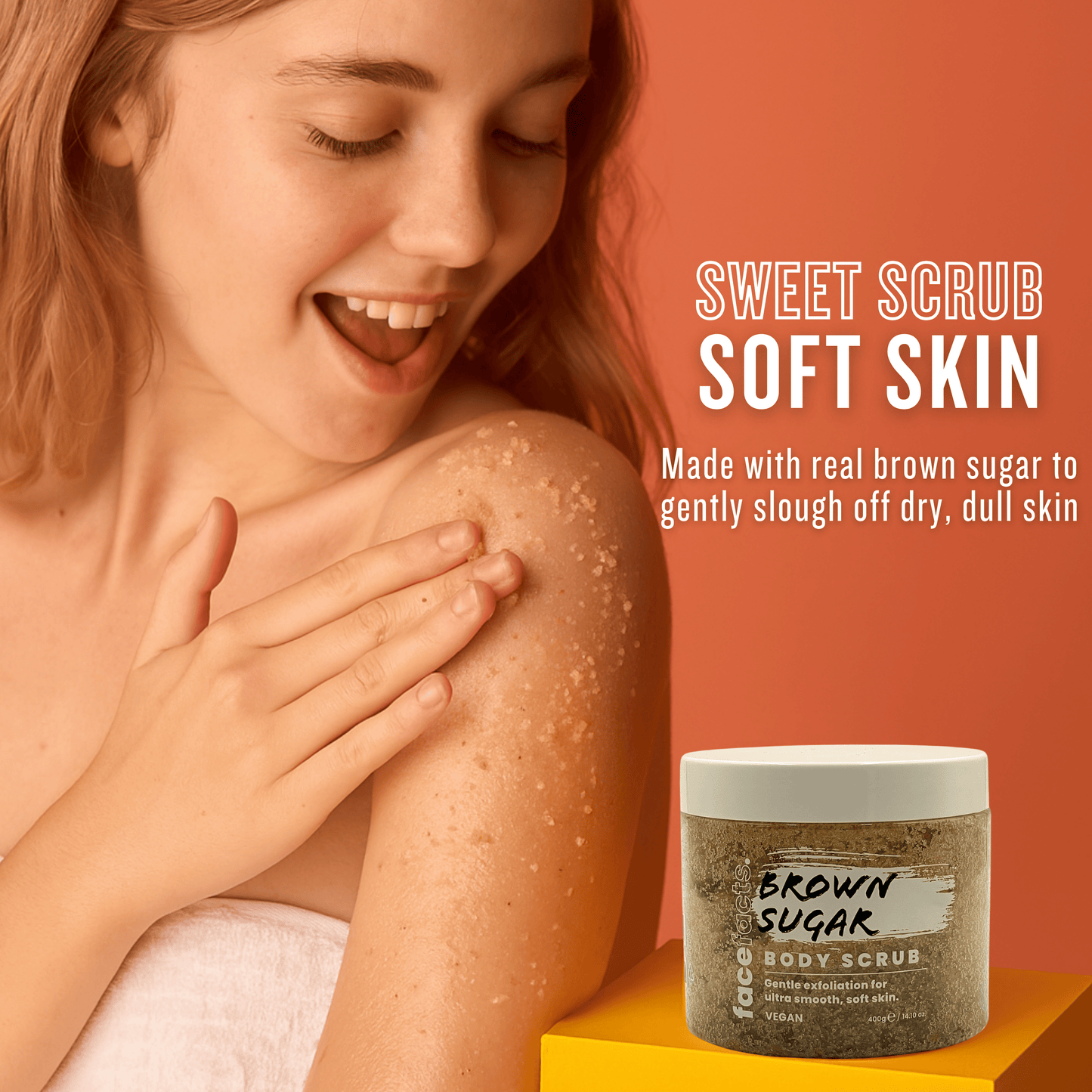 Woman exfoliating skin with brown sugar body scrub for smooth soft skin