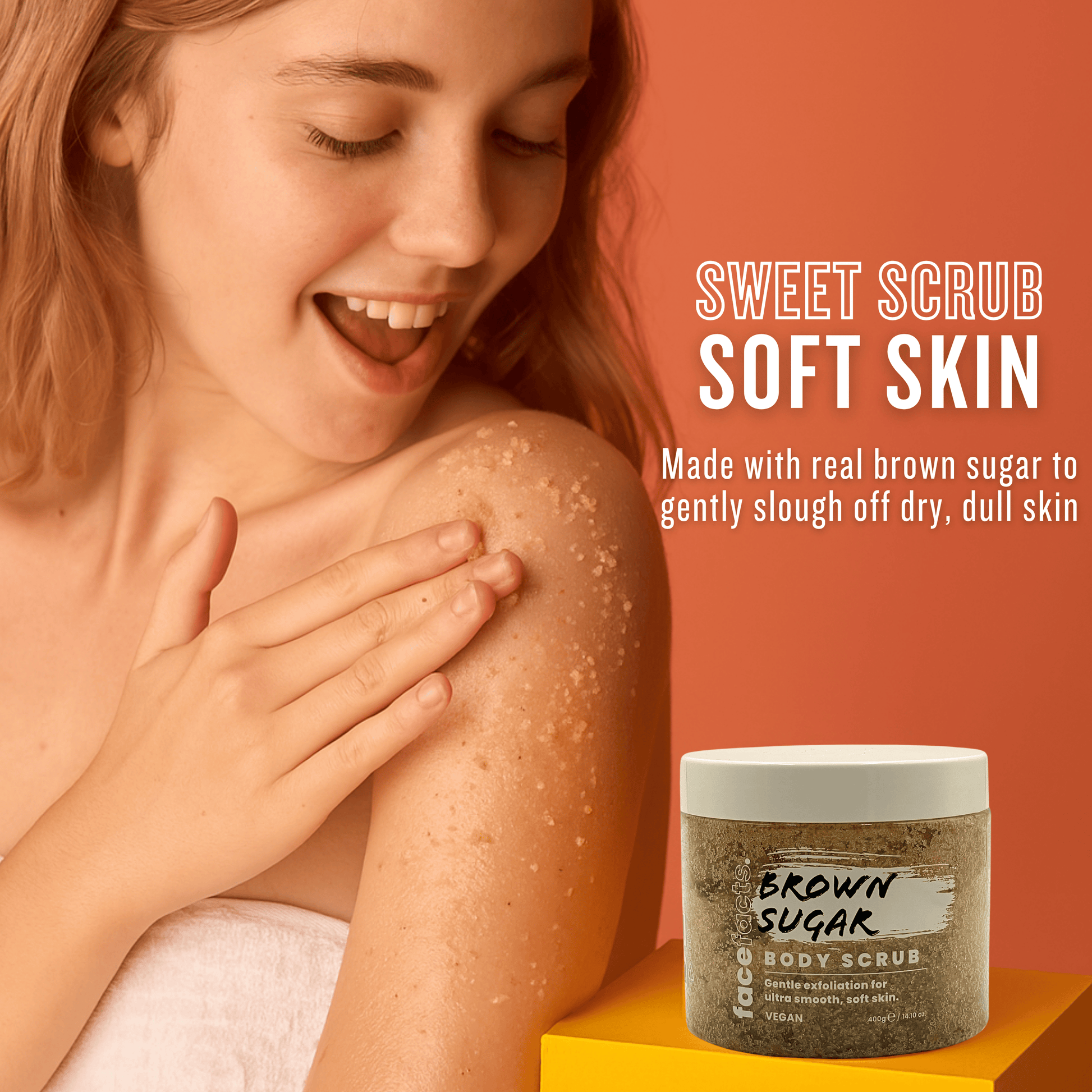 Woman exfoliating skin with brown sugar body scrub for smooth soft skin