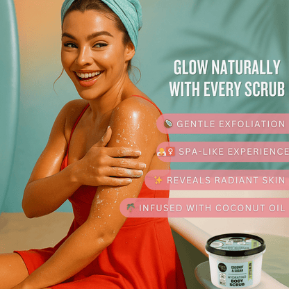 Coconut and sugar body scrub exfoliating skin to prep for self tanning and reveal smoother glowing skin