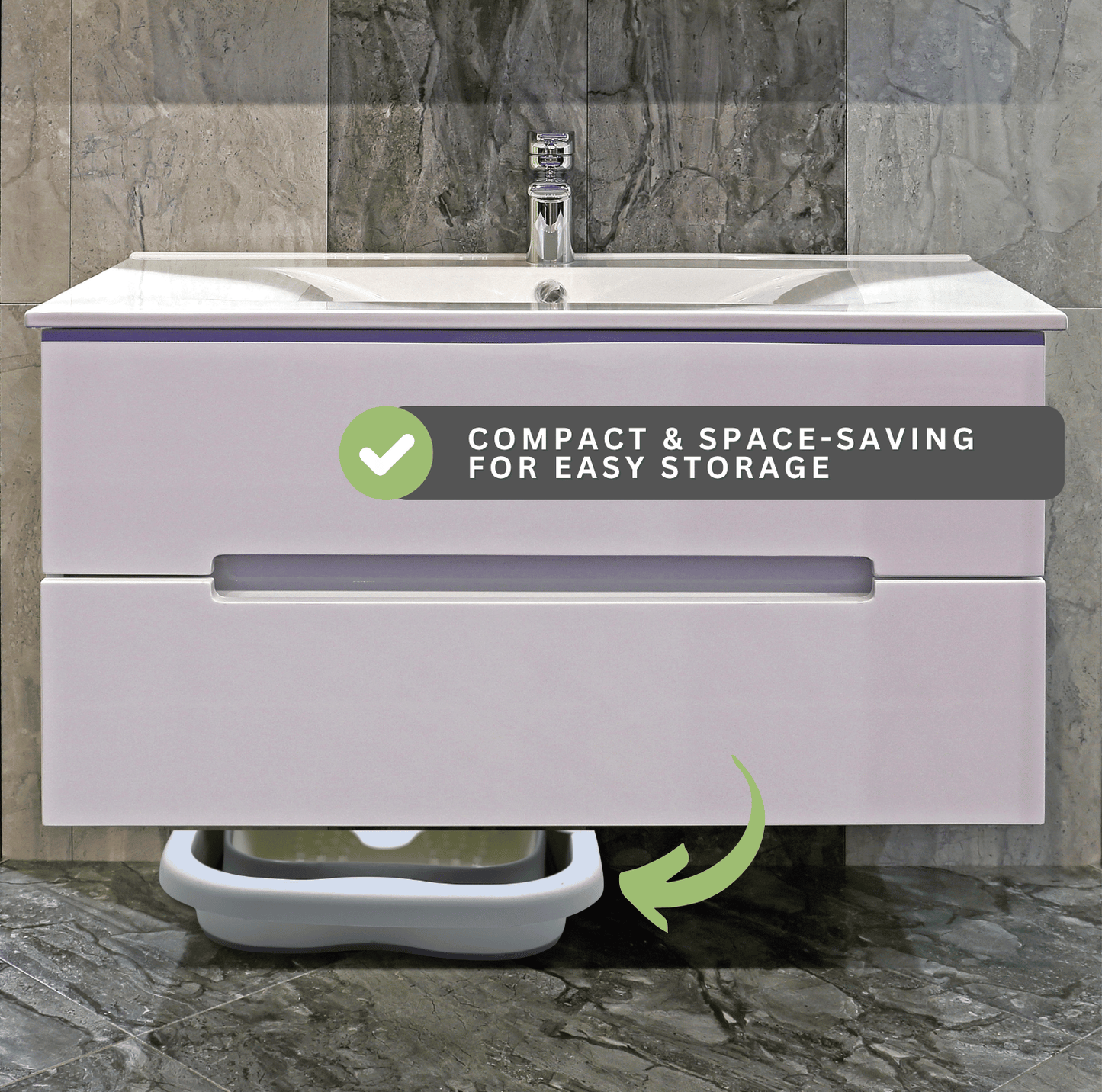 Compact collapsible foot spa bath stored under bathroom sink to save space